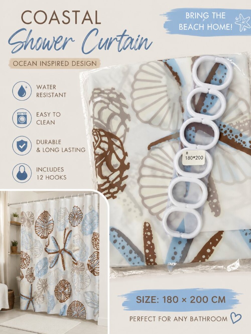 Coastal Seashell Starfish Shower Curtain Blue Brown 180x200cm + Hooks NEW